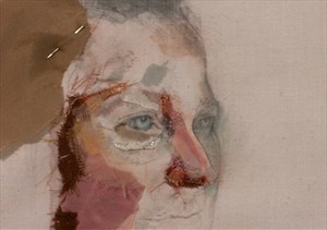 Artikelbild: Ein Ausschnitt eines der zerbrechlich wirkenden 
Frauenporträts, die Emily Hines malt und - mit Stoffresten und 
Stecknadeln - steckt.  - Foto: Werkstadt Graz