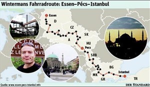 Artikelbild: Simon Winterman radelte in drei Monaten von Essen über Pécs nach Istanbul, was dort auf geringes Interesse stieß. - Grafik: Walli Höfinger