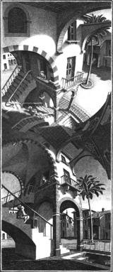 Illustration
- Verwirrt: Eschers „High and low“.  Foto: Cordon Art, Baarn, Holland 
