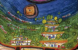 Hundertwasser, wie man ihn kennt: „Die Häuser hängen an der Unterseite der Wiesen, 1971”.