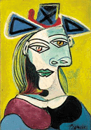 Frau mit blauem Hut und rotem Band