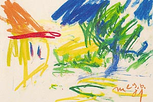 Artikelbild: Ein Tumult der Farben mit gegenständlichen Hinweisen: eine Arbeit von 
Otto   Muehl ohne Titel (Gouache auf Papier, 1981).     - Foto: Galerie Weihergut